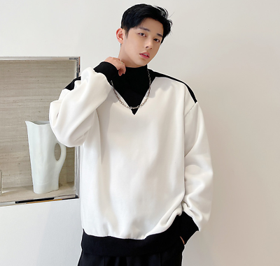 #ad Men#x27;s Fashion Turtle Neck Long Sleeve Color Matching Loose Pullover Sweatshirt $55.73
