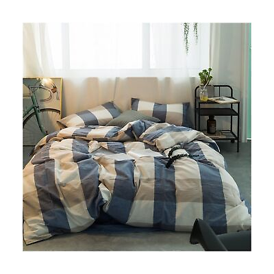 #ad Blue Plaid Duvet Cover Queen Modern Style 100% Washed Cotton Comforter Cover ... $44.68