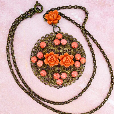#ad Vintage Brass Filigree Faux Coral Glass Cabochons Plastic Flowers Necklace $44.00