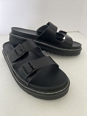 #ad TORRID Black Strappy Size 10.5 WW Faux Leather Side Buckle Slip On Slide Sandals $8.50