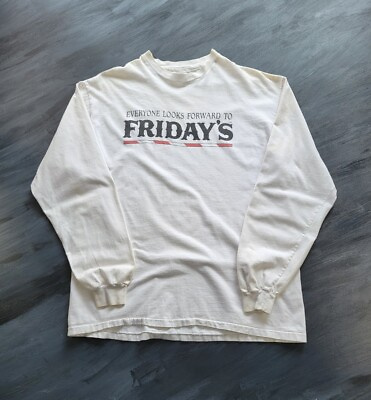 #ad Vintage 1990s TGI Friday#x27;s Long Sleeve White T shirt Cotton Hanes Beefy T L C $25.00