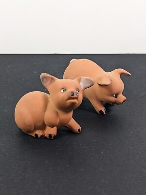 #ad Vintage Red Ceramic Bisque Figurines Two Small Pigs Piglets Miniature Pair Decor $10.00