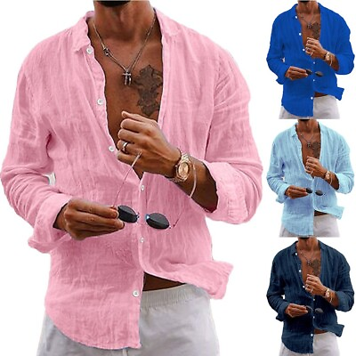 #ad Mens Casual Cotton Linen Shirt Long Sleeve Loose Blouse Button Down Shirts Tops $23.50