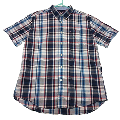 #ad Tommy Hilfiger Shirt Men#x27;s L Short Sleeve Button Down tartan Plaid Multicolor $10.88