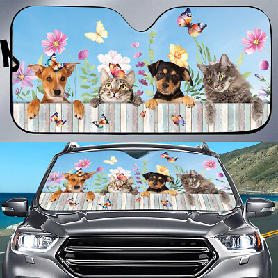 #ad Dog Car Auto Sun Shade Funny Pet Butterfly Flower Windshield Sun Visor Dog Gift $39.98