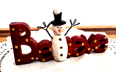 #ad Xmas Plastic Resin Snowman Christmas BELIEVE Figurine Red w Hat Stars $12.99