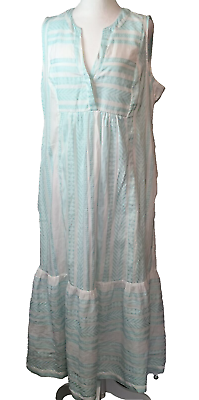 #ad Crown amp; Ivy Woman#x27;s Size XL Cotton Maxi Dress Sleeveless Soft Aqua White Pockets $40.00