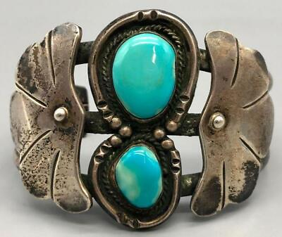 #ad Stunning Native American Floral Bracelet Two Natural Turquoise Stones 1950s 60s $1049.00