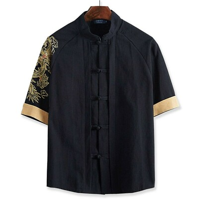 #ad Men Chinese Dragon Cotton Linen Shirts Top Blouse Ethnic Baggy Frog Button Retro $37.15