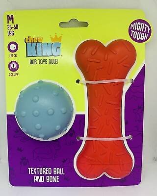 #ad Chew King Dog Toy Textured Ball amp; Bone M Red Grey Fetch NEW $15.50
