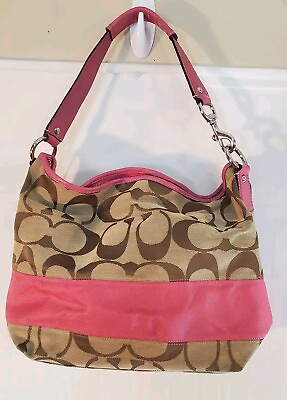#ad Coach Pink Tan Logo Canvas Shoulder Bag Purse $29.98