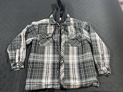 #ad Dickies Hooded Jacket Men’s XL Gray Plaid Flannel Long Sleeve Snap Coat Shacket $23.50