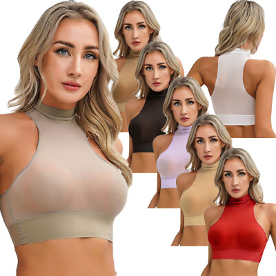 #ad Womens Sheer See Through Lingerie Vest Mock Neck Sleeveless Tight Vest Crop Top $8.08