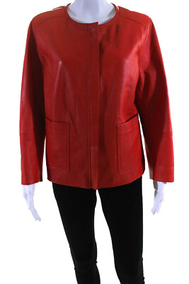 #ad Magaschoni Womens Leather Full Zip Two Pocket Long Sleeve Jacket Orange Size M $60.99