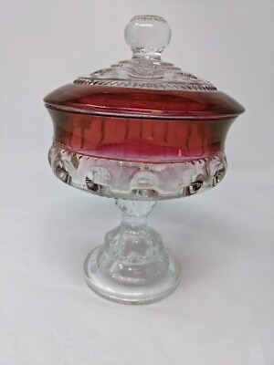 #ad Vintage Thumb Print Candy Dish Ruby Red Flash King#x27;s Crown Compote with Lid $24.99