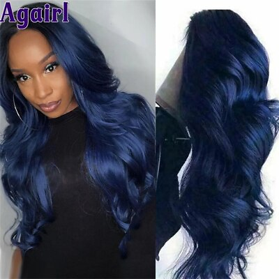 #ad Dark Blue Long Human Hair Wigs Lace Front Wig Wavy Body Wave Lace Frontal Wig $295.49