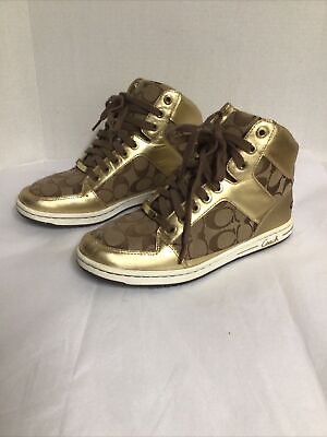#ad Coach Signature Logo Norra Gold Brown High Top Sneakers Women’s Size 8.5 $29.95