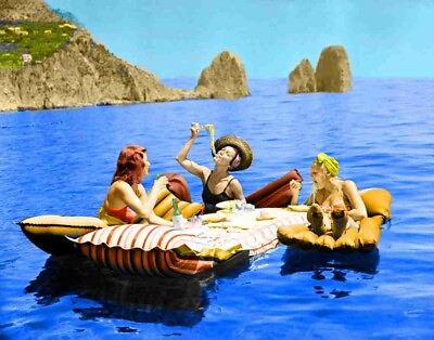 #ad Capri Italy 3 women eating spaghetti pasta on rafts  8 x 10 $9.95
