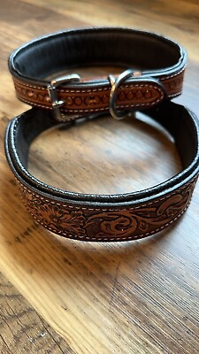 #ad LEATHER DOG COLLAR Hand Tooled Brown Leather SIZE LARGE ships From US $24.99