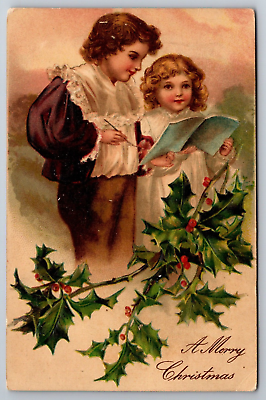 #ad Boy Girl Songbook Performing Holly A Merry Christmas Postcard $8.50