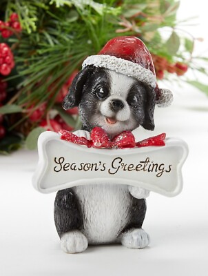 #ad New Christmas BLACK WHITE PUPPY SANTA HAT FIGURINE Dog Figure 5quot; $15.99