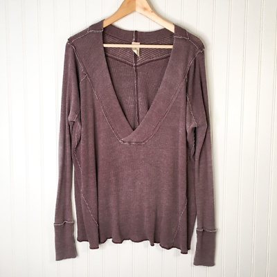 #ad We The Free People Womens Knit Blouse Purple Long Sleeve Plunge Neck Top S $29.99