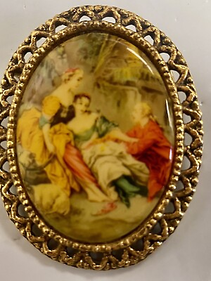 #ad Vintage Fragonard Brooch Porcelain Cameo Gold Tone Serenade $16.50