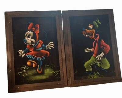 #ad Vintage Black Velvet Disney Minnie Mouse amp; Goofy Oil Paintings Art $49.98