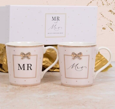 #ad MR amp; MRS MUGS SET Wedding bride groom gold coffee tea cup diamante bows gift box AU $49.95