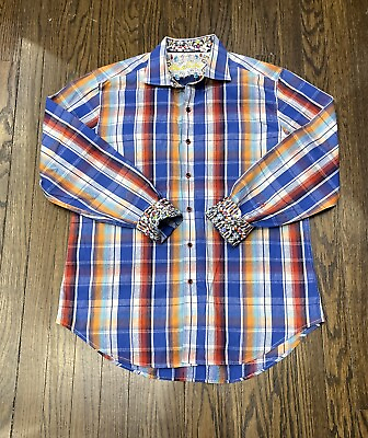 #ad Robert Graham Button Up Flip Cuff Shirt Men’s Large Plaid Blue White Orange $24.99