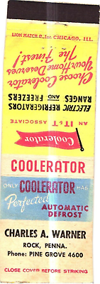 #ad Coolerator Automatic Defrost Charles Warner Rock Penna Vintage Matchbook Cover $9.99