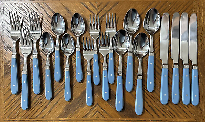 #ad Oneida COUNTRY COLOR WILLIAMSBURG BLUE Stainless Spoons Forks Knives Rivets 19p $29.95