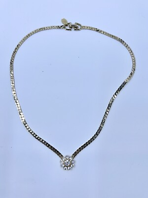#ad Vintage Park Lane Gold Tone Metal Herringbone Rhinestone Flower Necklace $21.99