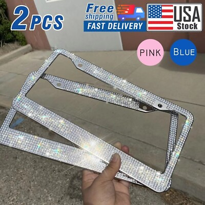 USA 2PCS Bling License Plate Frame Glitter Crystal Sparkling Rhinestone Tag $12.95
