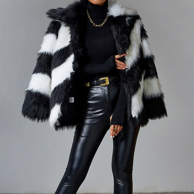 #ad Womens Fashion Stripes Lapel Coats Luxury Winter Warm Faux Fur Jackets Outwear $60.86