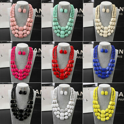 #ad Womens Multilayer Beaded Necklace Earrings Bib Choker Chunky Statement Pendant $10.99