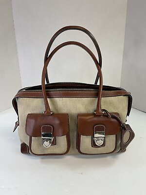 #ad Dooney amp; Bourke DB Tan Cloth Logo Brown Leather Buckle 2 pocket Handbag Purse $33.95