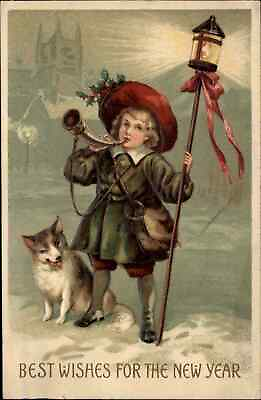 #ad New Year Little Boy with Dog Blowing Horn c1910 Vintage Postcard $11.42