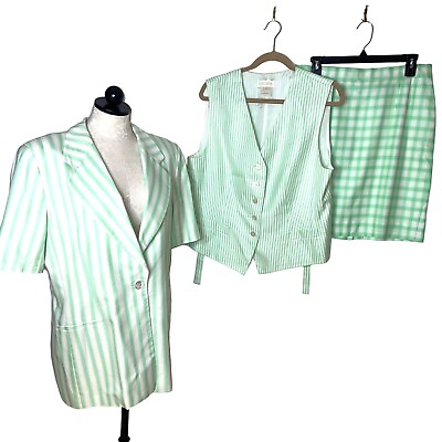 #ad Escada Vintage Womens Skirt Suit Size XL Three Piece Double Cotton Plaid Striped $179.50