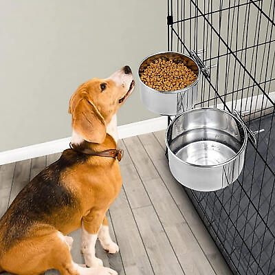 #ad Dog Food Bowl Stainless Steel Wall Mounted Feeder Crate Water Bowl with Holder $14.30