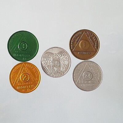 #ad 5 Various Alcoholics Anonymous Recovery Medal Token Chip Coins AA Sober $29.99