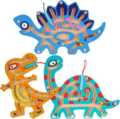 #ad Wooden Magnetic Maze Toy 3PCS Kids 3 Dinosaur Interactive Puzzle Game Boards $17.99