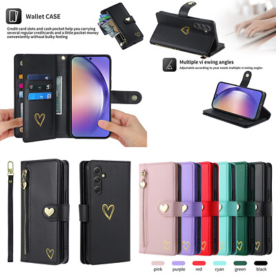 #ad Fashion Heart Zipper Card Wallet Case With Strap For Samsung A05 A15 M34 M54 F14 $16.49