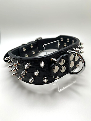 #ad BLACK 2quot; wide Spiked Studded Rivet Dog Collar Sturdy PU Leather Adjustable XS $16.98
