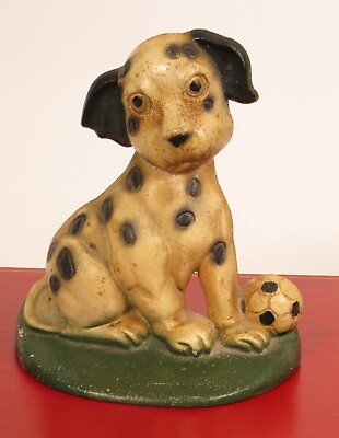 #ad CUTE DALMATION PUPPY DOG WITH SOCCER BALL CAST IRON DOOR STOP $38.00
