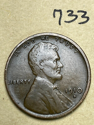 #ad 1910 S LINCOLN WHEAT CENT rare date quot;VERY FINEquot; condition #733 $29.00