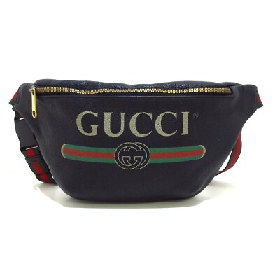 #ad Auth GUCCI Gucci Print Belt Bag 493869 Black Green Red Leather Bum Bag $508.00