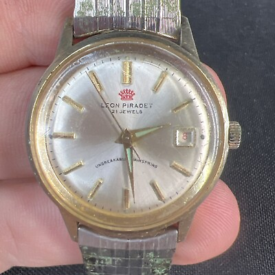 #ad Vintage Leon Piradet 21 jewel mens wristwatch Unbreakable Mainspring Untested $22.85