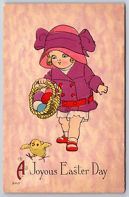 #ad Easter Girl In Pink amp; Purple Cloche Hat Chases Chick Color Egg Basket ART DECO $10.00