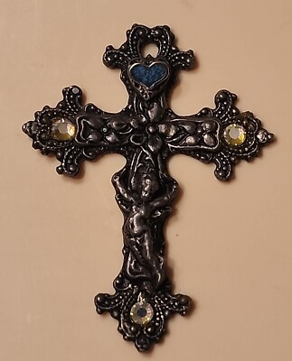 #ad Vintage Large Cross Pendant Silver Tone Mexico $20.00